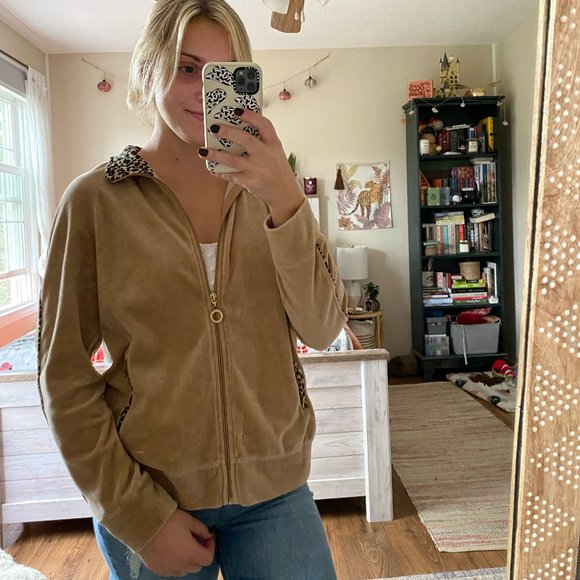 Tangerine Tan Cheetah Print Velour Full Zip Sweatshirt - Picture 3 of 8